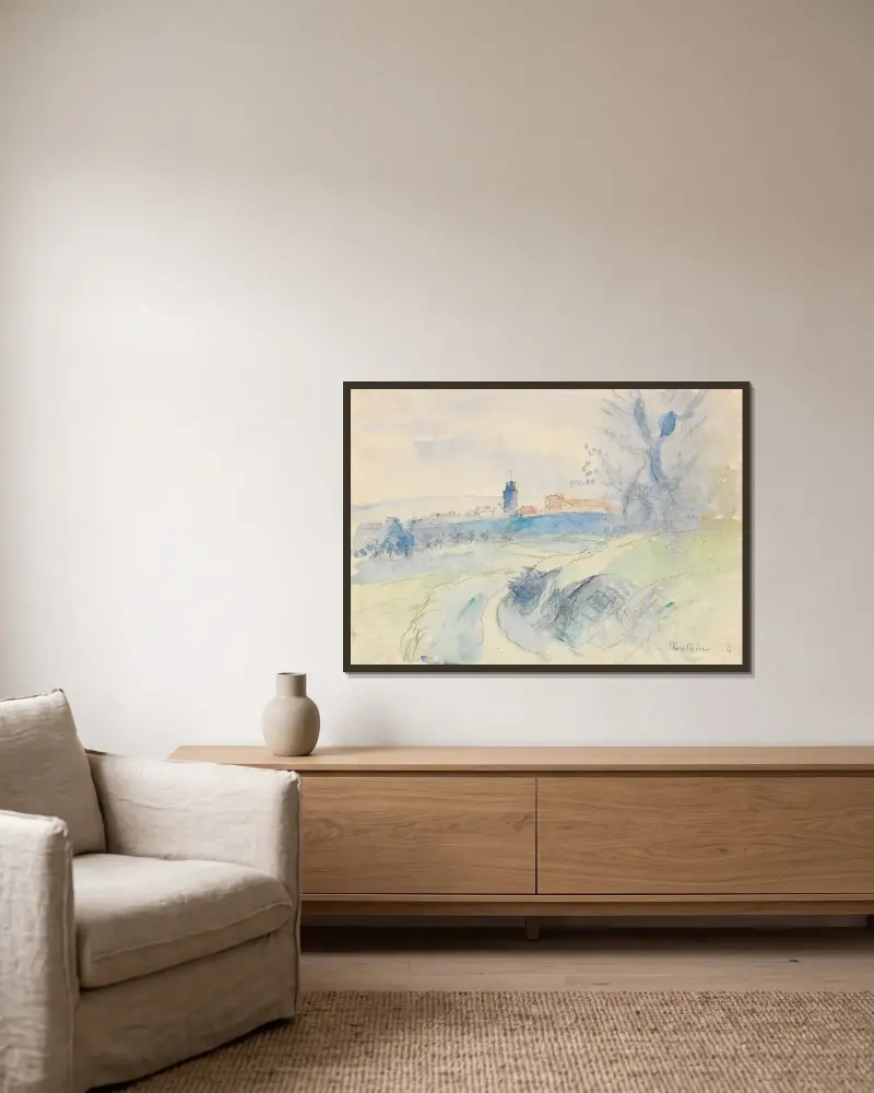 Pontoise av Camille Pissarro inramad på en vägg
