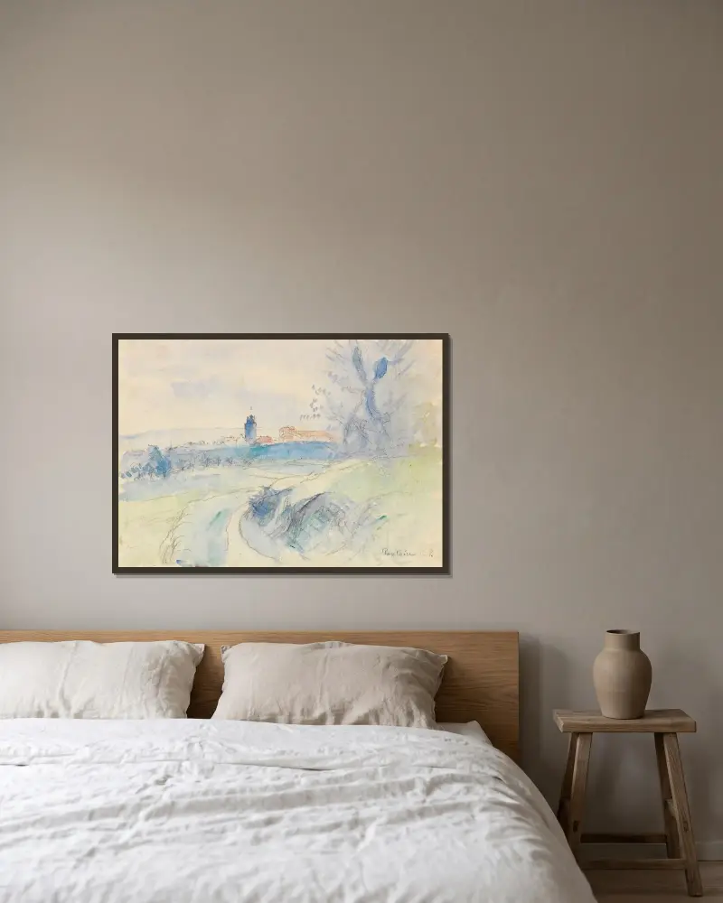 Pontoise av Camille Pissarro inramad på en vägg