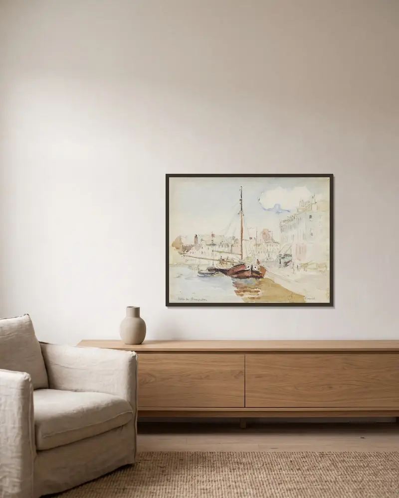 Der Hafen von Brüssel von Camille Pissarro gerahmt an einer Wand