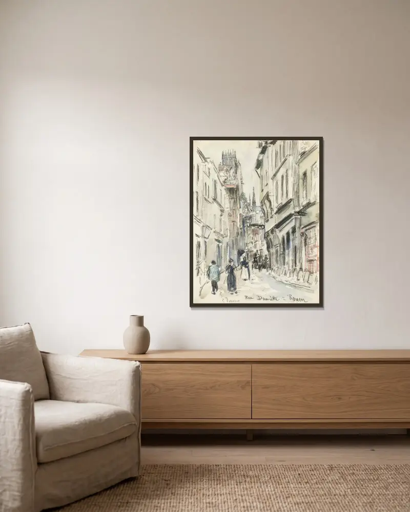Rue Damiette i Rouen av Camille Pissarro inramad på en vägg
