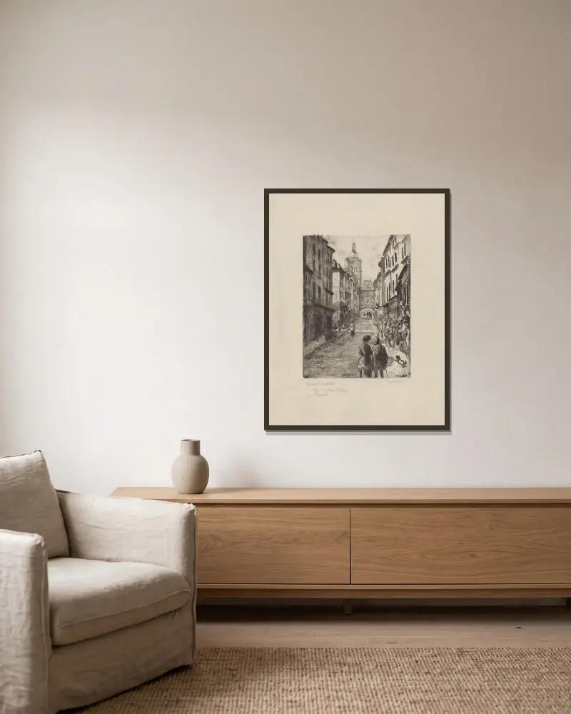 Gatan med det stora uret i Rouen av Camille Pissarro inramad på en vägg