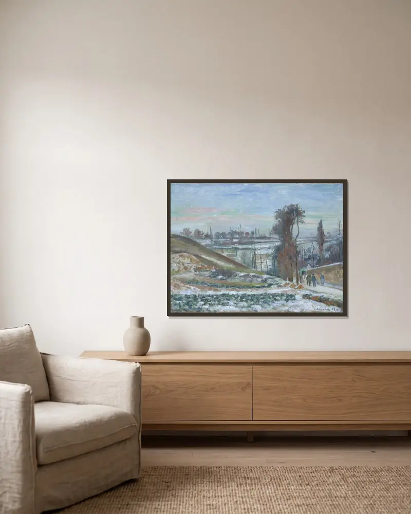 Schneelandschaft bei l’Hermitage von Camille Pissarro gerahmt an einer Wand