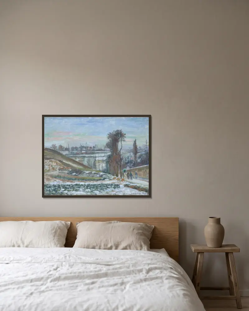 Schneelandschaft bei l’Hermitage von Camille Pissarro gerahmt an einer Wand