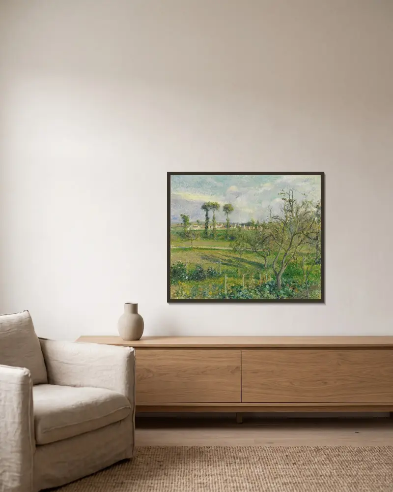 Sonnenuntergang bei Valhermeil, Auvers-sur-Oise von Camille Pissarro gerahmt an einer Wand