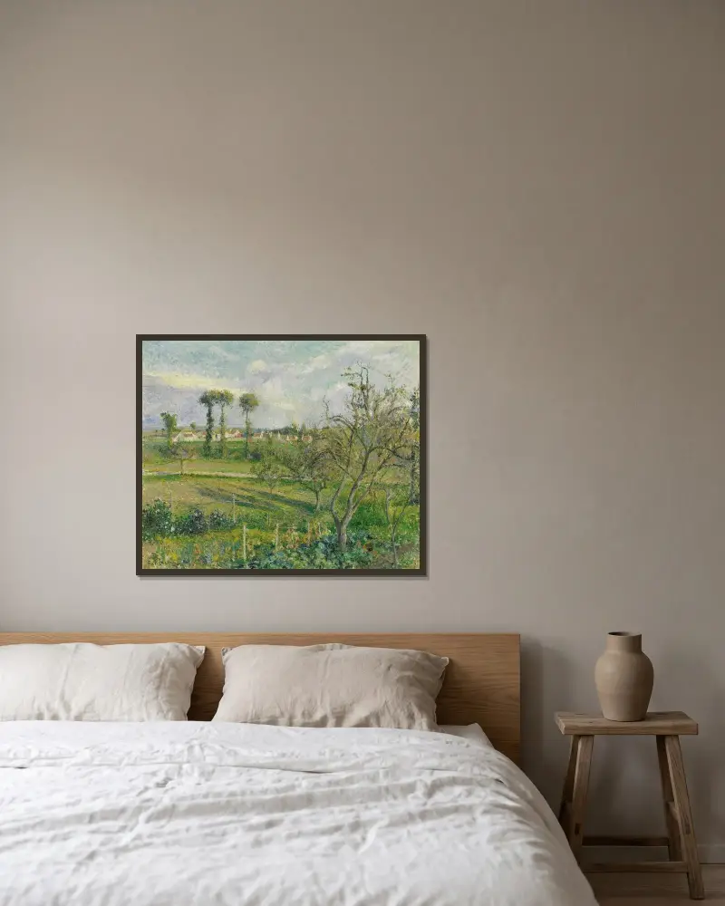 Sonnenuntergang bei Valhermeil, Auvers-sur-Oise von Camille Pissarro gerahmt an einer Wand