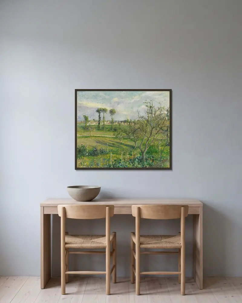 Sonnenuntergang bei Valhermeil, Auvers-sur-Oise von Camille Pissarro gerahmt an einer Wand