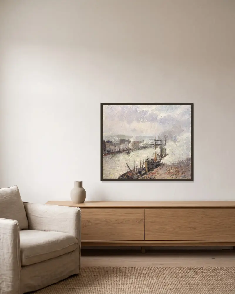 Ångbåtar i Rouens hamn av Camille Pissarro inramad på en vägg