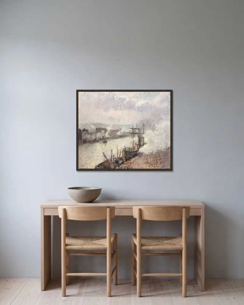 Ångbåtar i Rouens hamn av Camille Pissarro inramad på en vägg