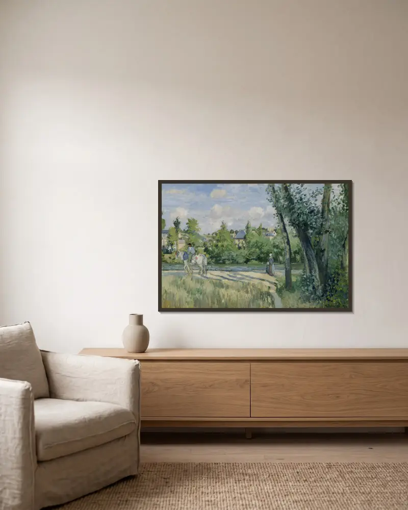 Sonnenlicht auf der Straße, Pontoise von Camille Pissarro gerahmt an einer Wand