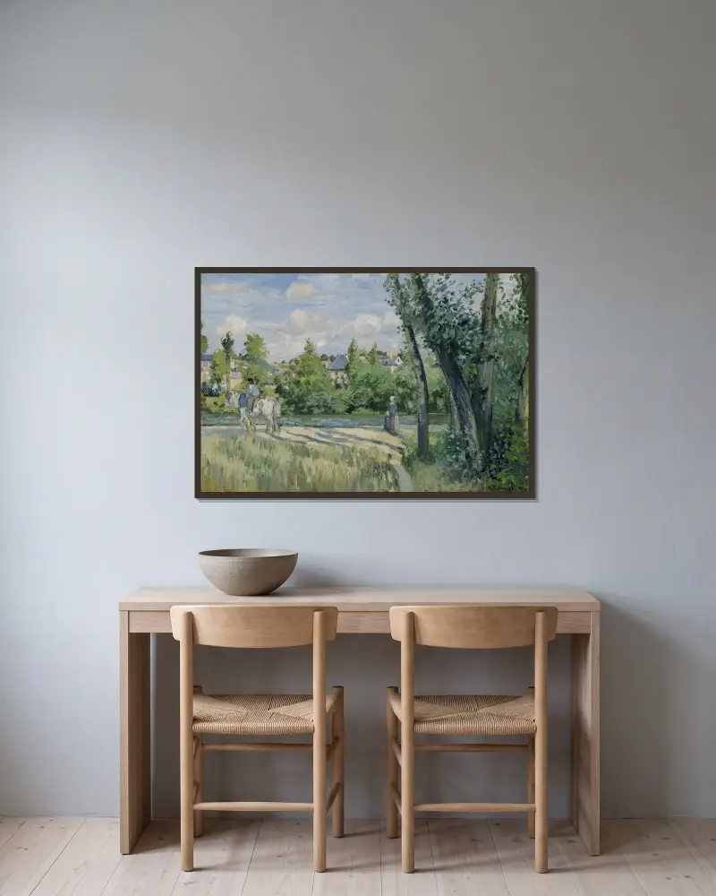 Sonnenlicht auf der Straße, Pontoise von Camille Pissarro gerahmt an einer Wand