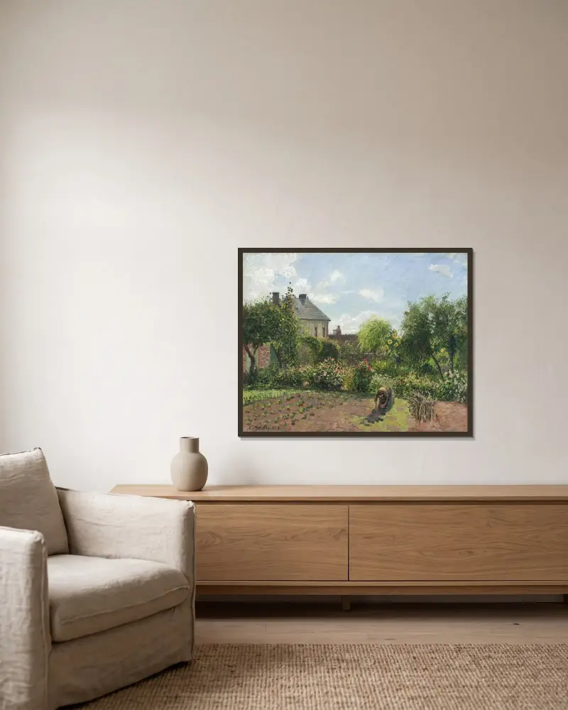 Konstnärens trädgård i Eragny av Camille Pissarro inramad på en vägg