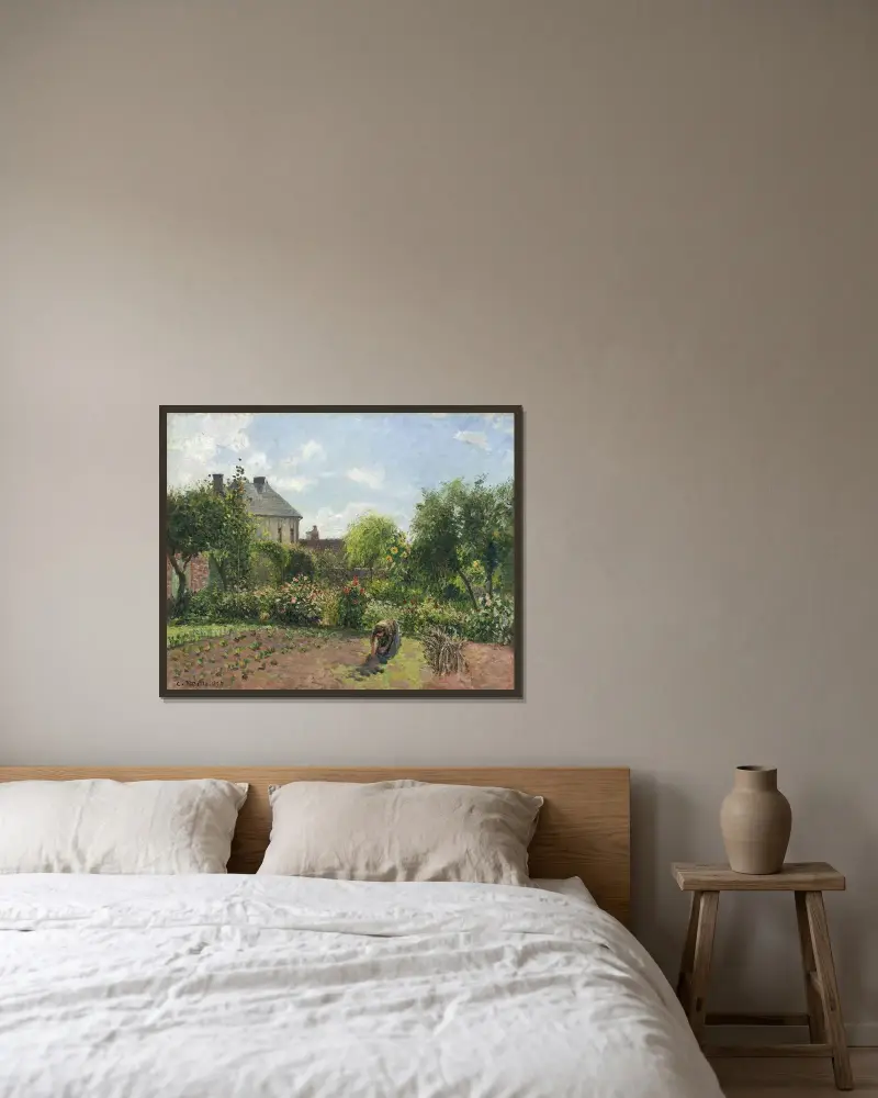 Konstnärens trädgård i Eragny av Camille Pissarro inramad på en vägg