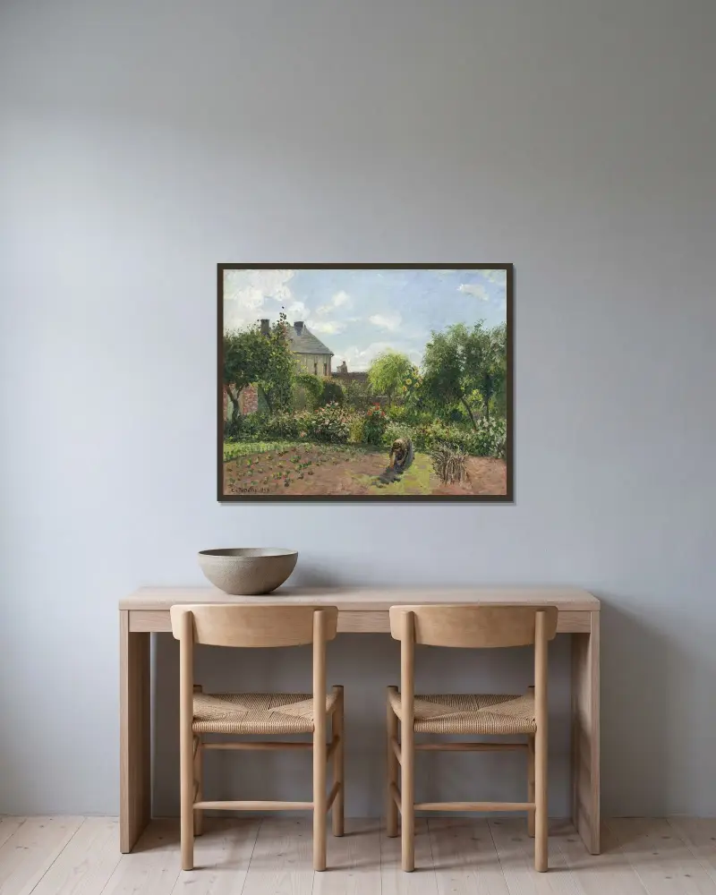 Konstnärens trädgård i Eragny av Camille Pissarro inramad på en vägg
