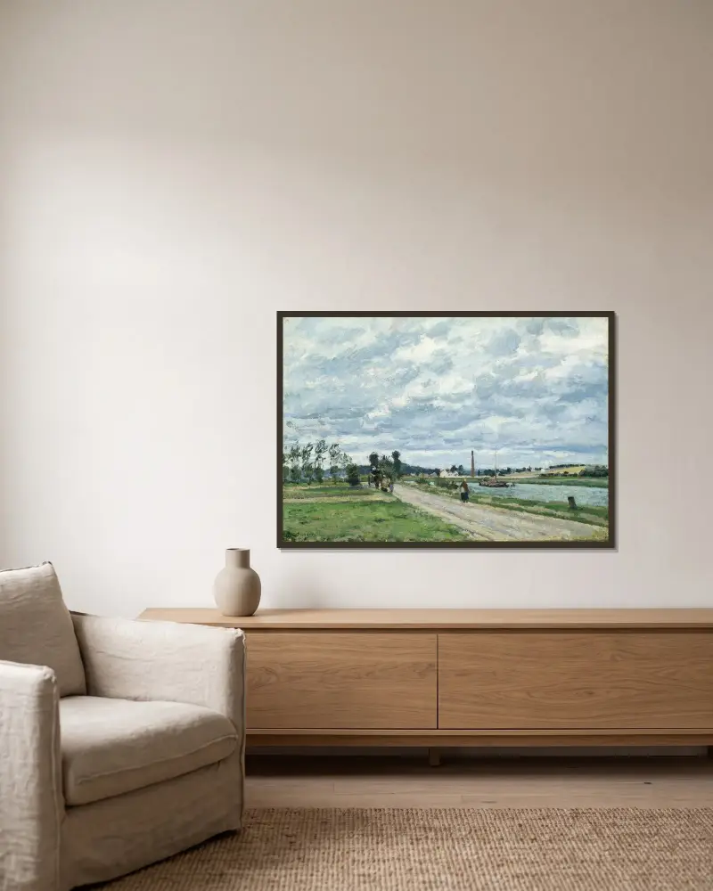 Oises strand vid Pontoise av Camille Pissarro inramad på en vägg
