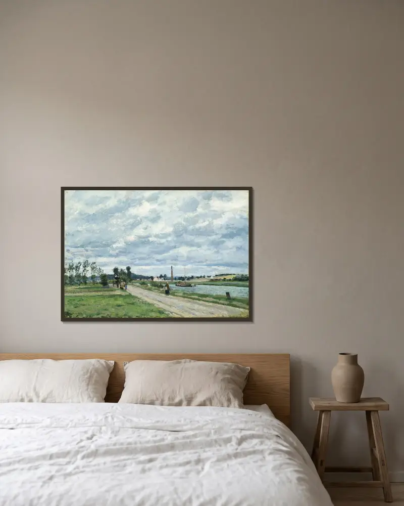 Oises strand vid Pontoise av Camille Pissarro inramad på en vägg