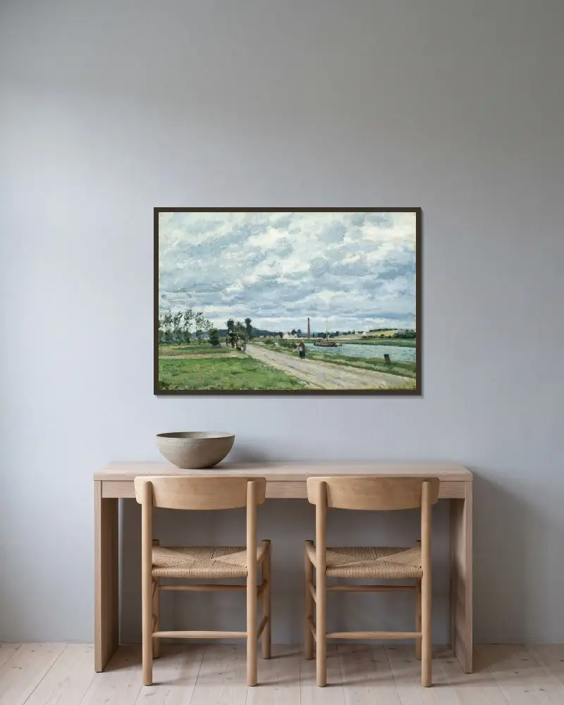 Oises strand vid Pontoise av Camille Pissarro inramad på en vägg