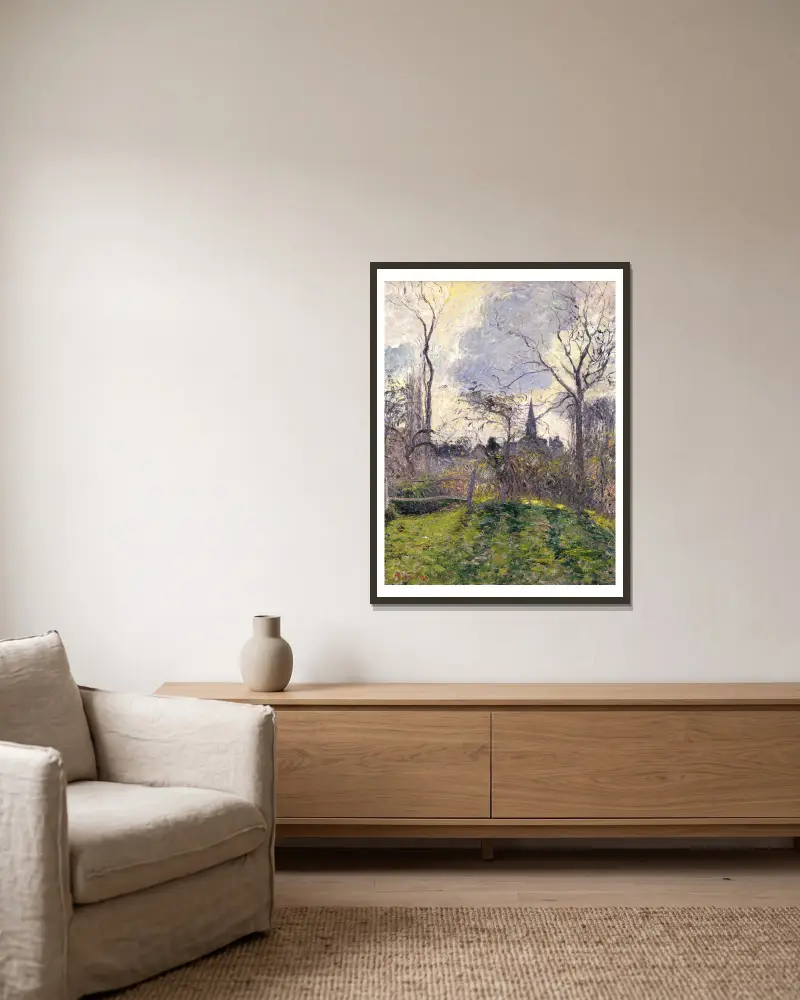 Der Glockenturm von Bazincourt von Camille Pissarro gerahmt an einer Wand