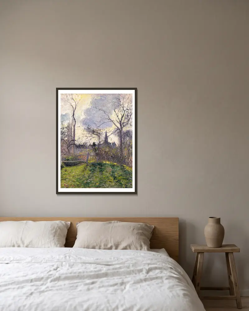 Der Glockenturm von Bazincourt von Camille Pissarro gerahmt an einer Wand