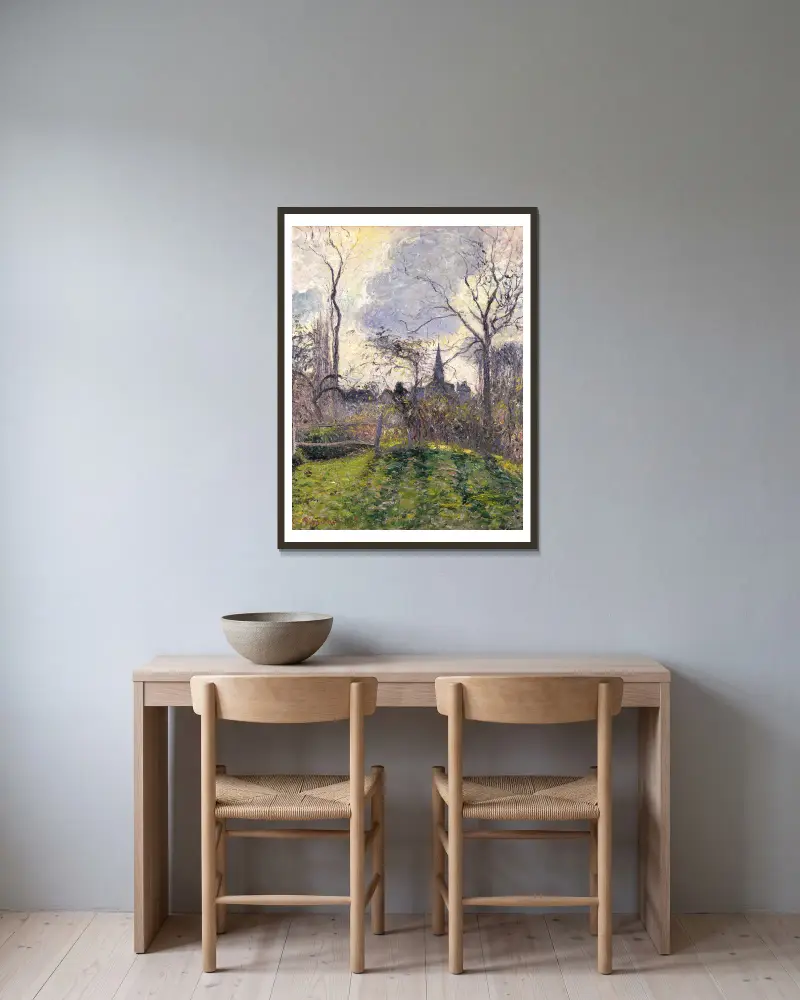 Der Glockenturm von Bazincourt von Camille Pissarro gerahmt an einer Wand