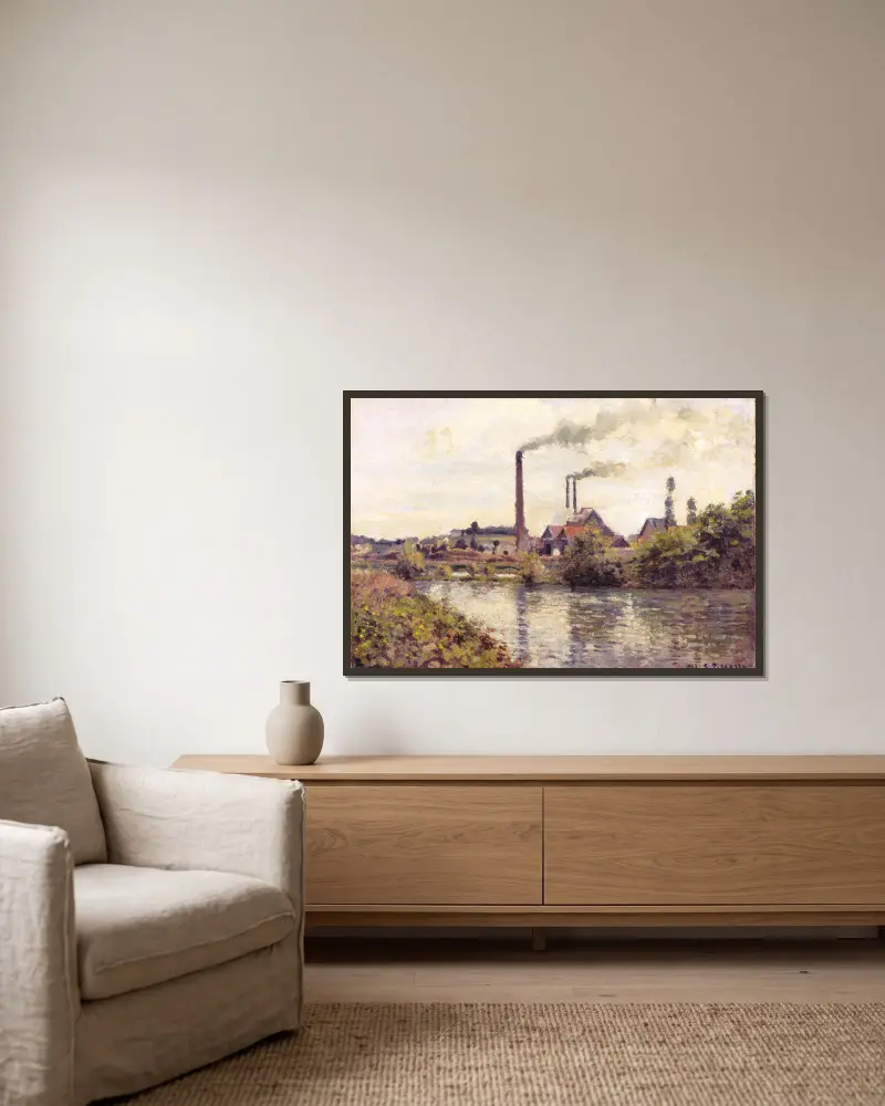Fabriken vid Pontoise av Camille Pissarro inramad på en vägg