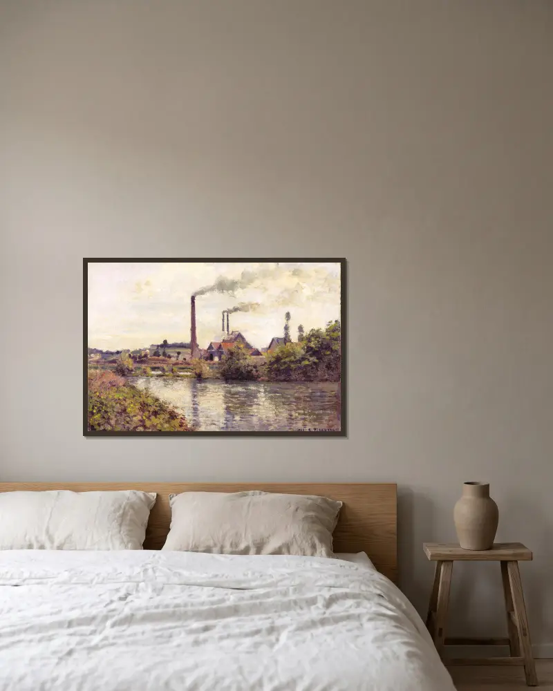 Fabriken vid Pontoise av Camille Pissarro inramad på en vägg