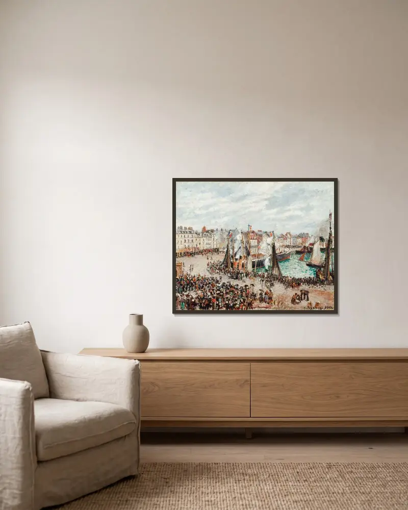 Fiskmarknaden i Dieppe; grått väder, morgon av Camille Pissarro inramad på en vägg