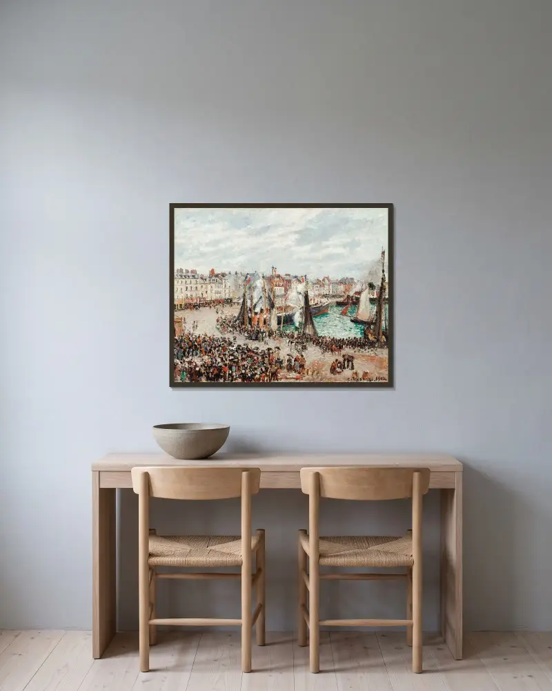 Fiskmarknaden i Dieppe; grått väder, morgon av Camille Pissarro inramad på en vägg