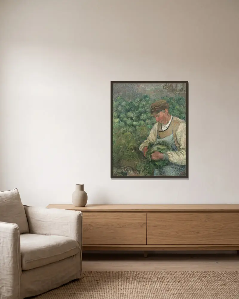 Trädgårdsmästaren – gammal bonde med kål av Camille Pissarro inramad på en vägg
