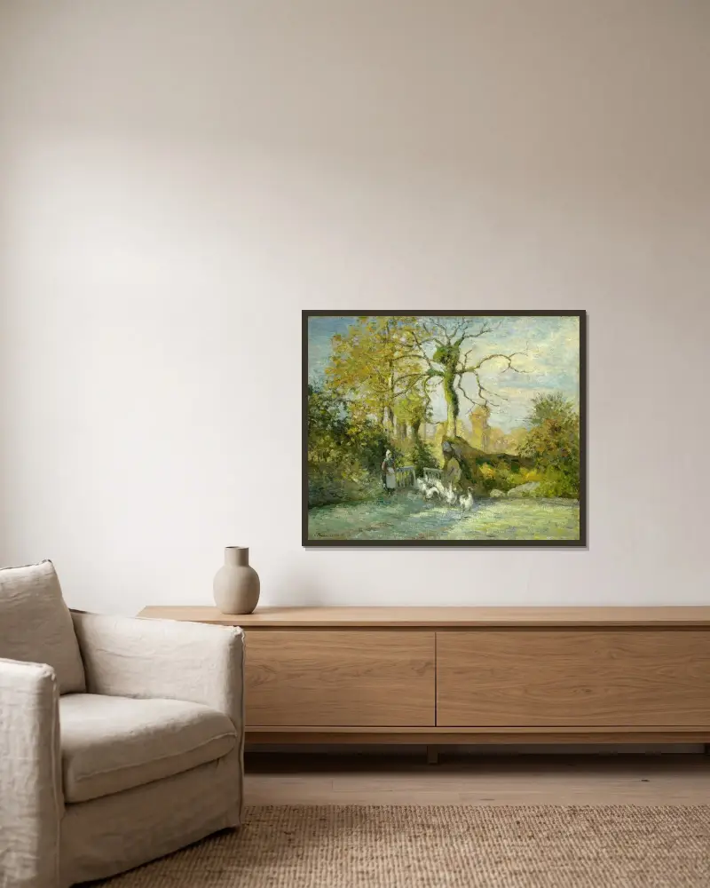 Gåsflickan vid Montfoucault (Rimfrost) av Camille Pissarro inramad på en vägg