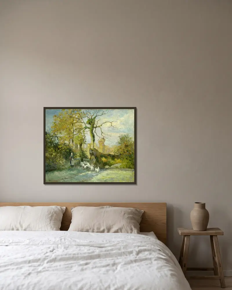 Gåsflickan vid Montfoucault (Rimfrost) av Camille Pissarro inramad på en vägg