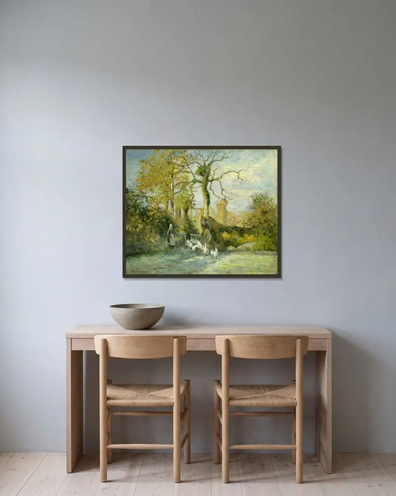 Gåsflickan vid Montfoucault (Rimfrost) av Camille Pissarro inramad på en vägg