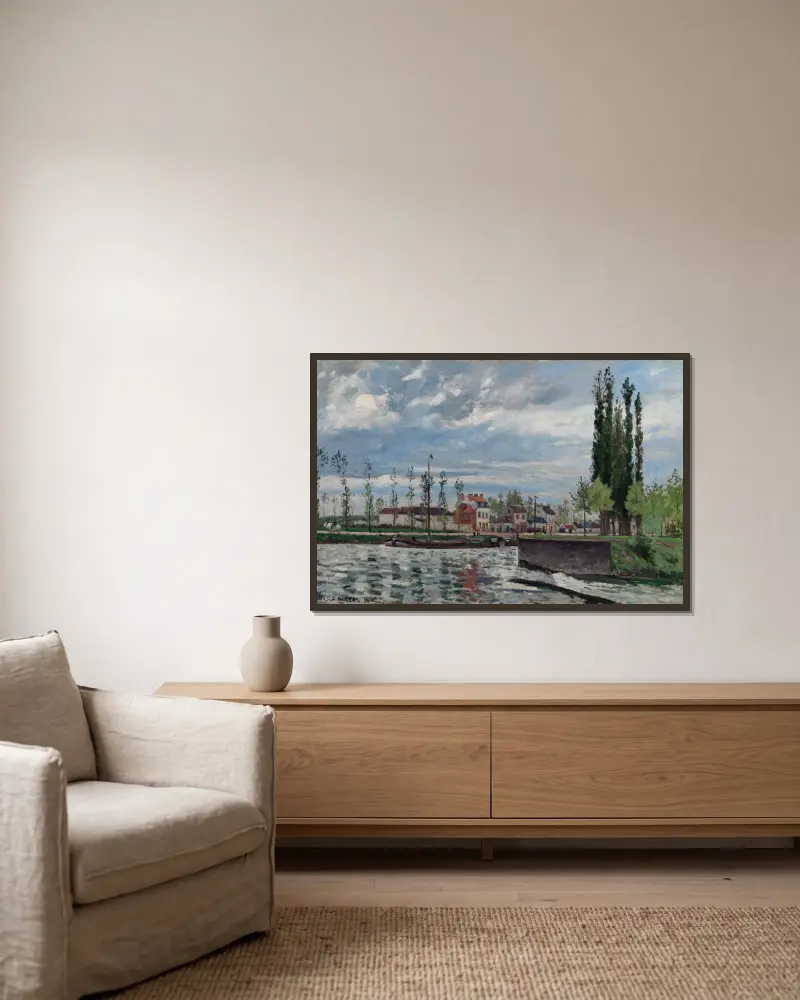 Die Schleuse bei Pontoise von Camille Pissarro gerahmt an einer Wand