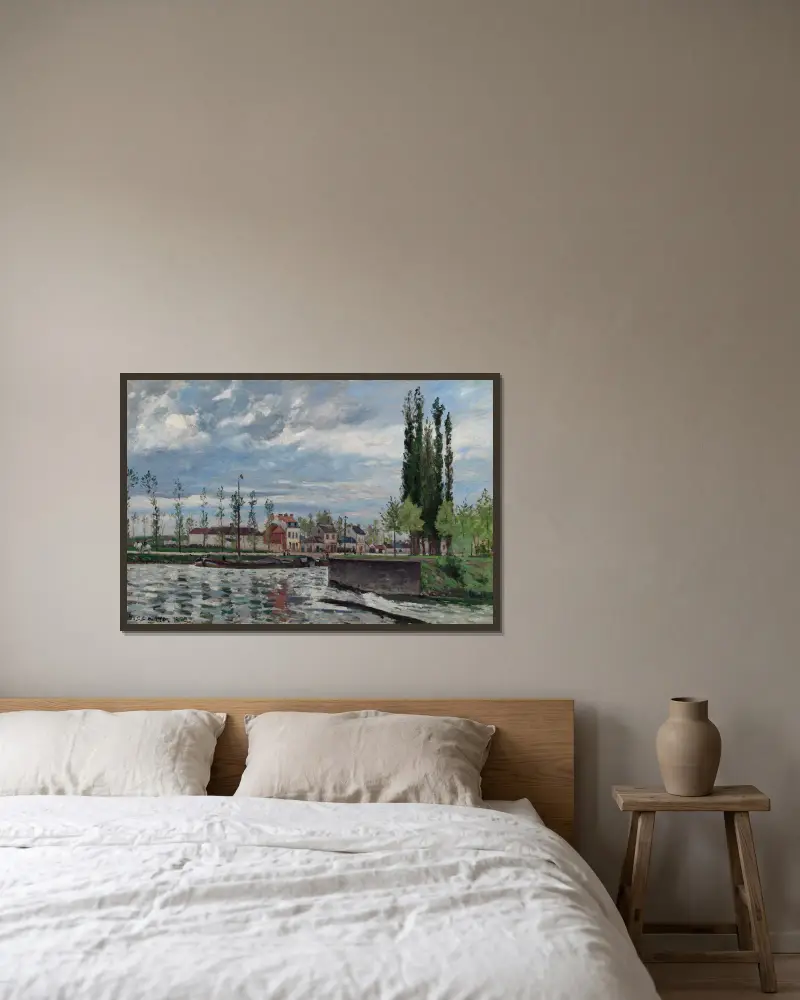 Die Schleuse bei Pontoise von Camille Pissarro gerahmt an einer Wand