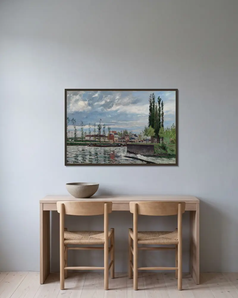Die Schleuse bei Pontoise von Camille Pissarro gerahmt an einer Wand