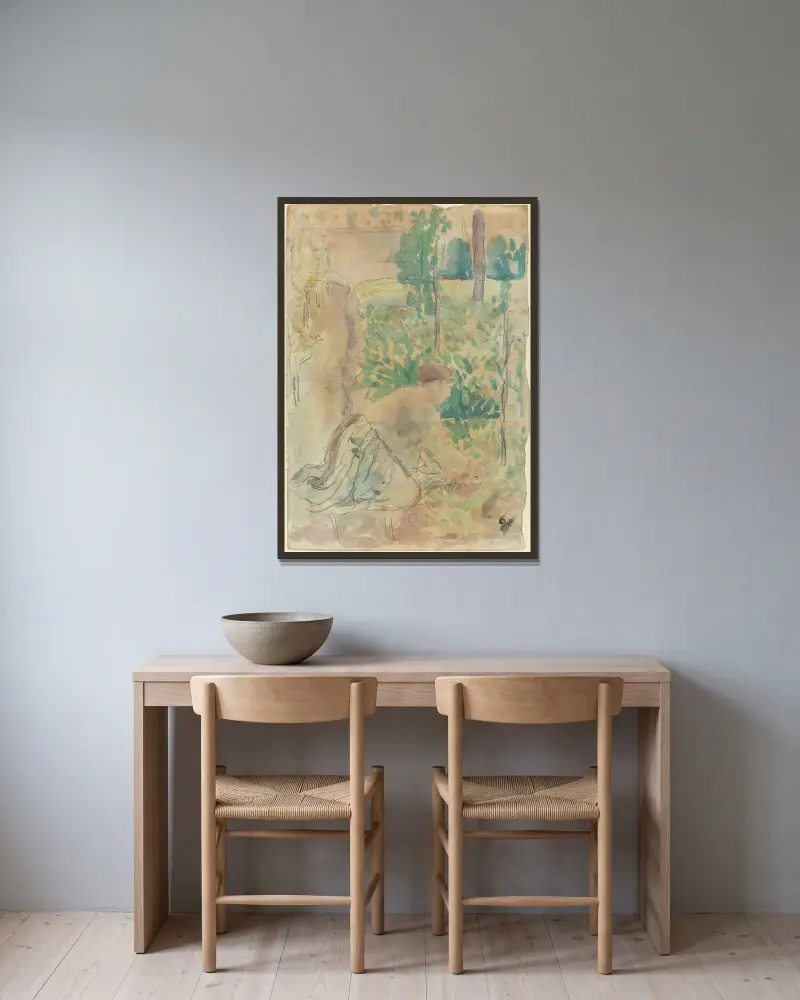 Kvinna som arbetar i en trädgård av Camille Pissarro inramad på en vägg