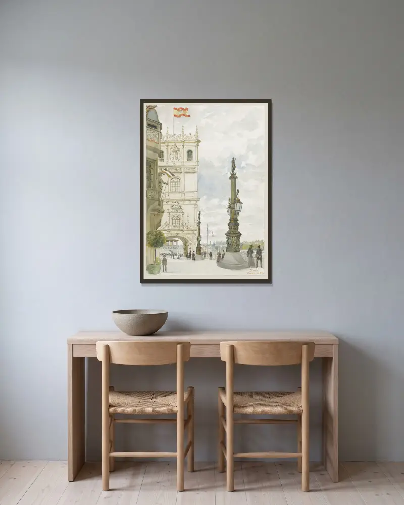 Deutscher und spanischer Pavillon von Camille Piton gerahmt an einer Wand