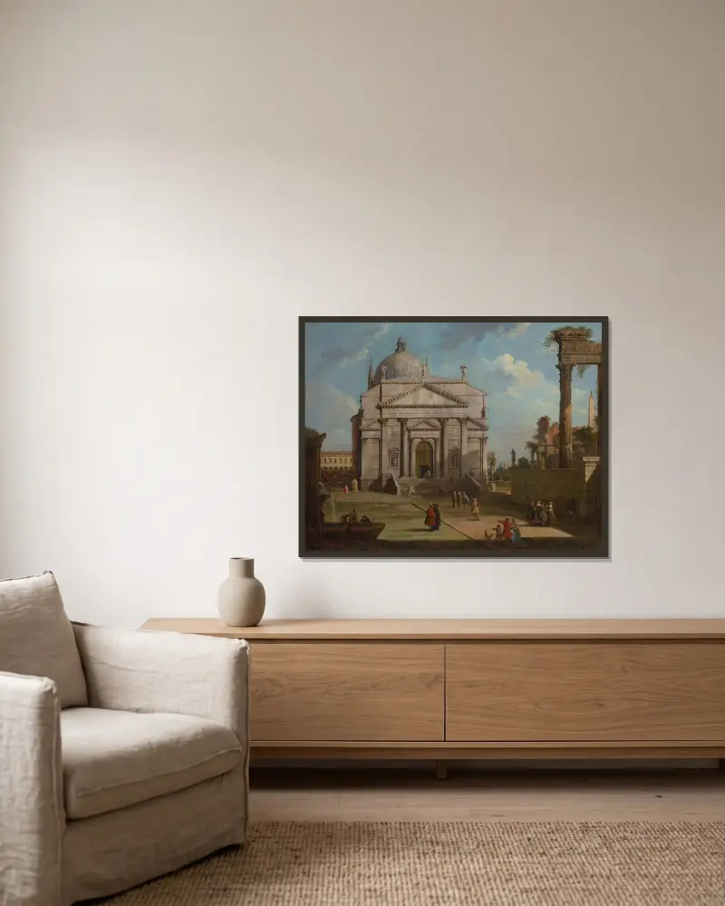 Ett capriccio med kyrkan Redentore av Canaletto inramad på en vägg