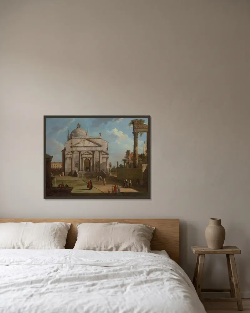 Ett capriccio med kyrkan Redentore av Canaletto inramad på en vägg