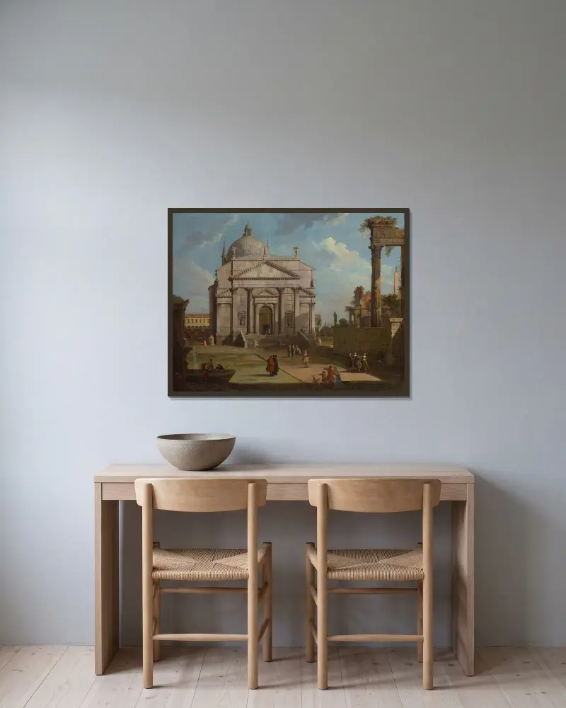 Ett capriccio med kyrkan Redentore av Canaletto inramad på en vägg