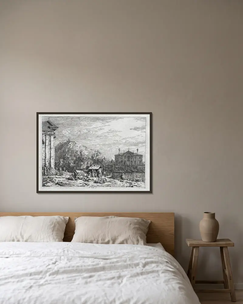 Eine Stadt jenseits eines Flusses von Canaletto gerahmt an einer Wand