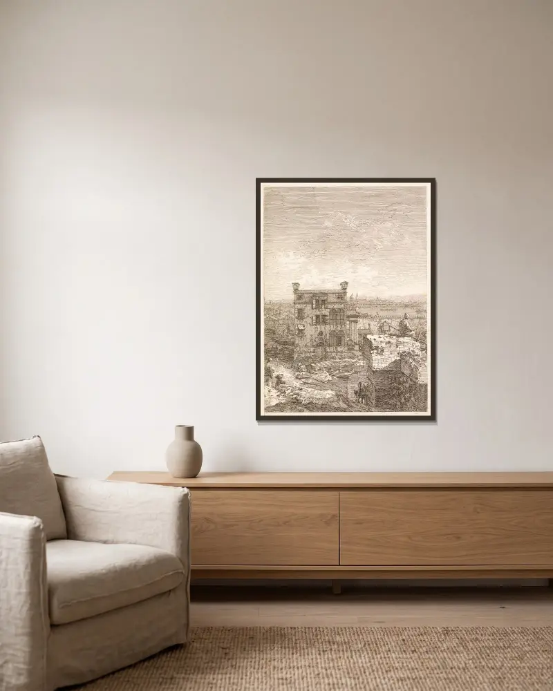 Ein Haus, umgeben von sechs Säulen von Canaletto gerahmt an einer Wand