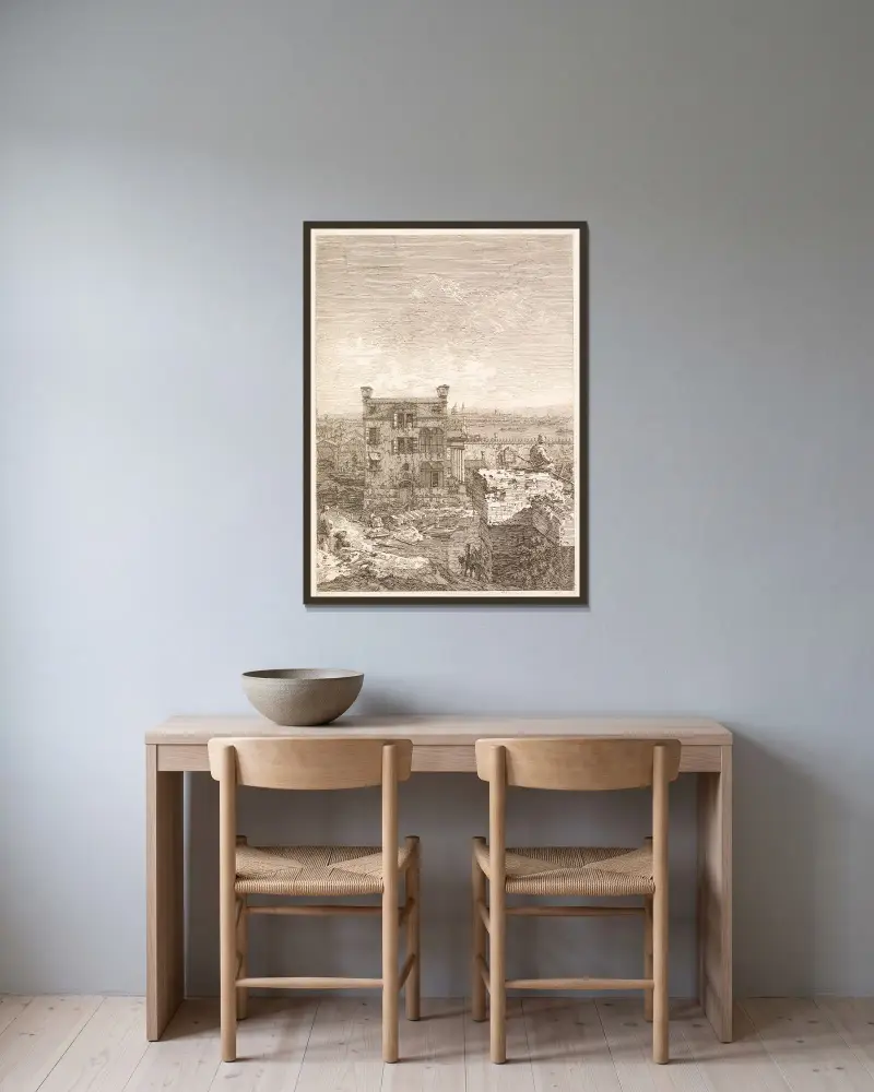 Ein Haus, umgeben von sechs Säulen von Canaletto gerahmt an einer Wand