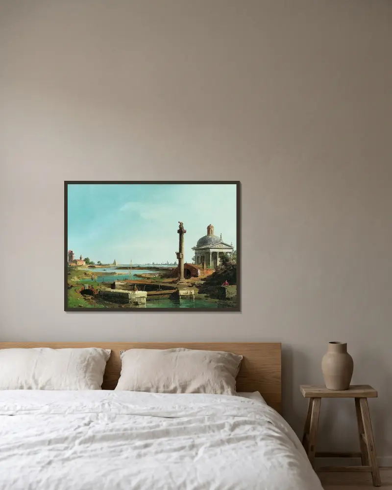 Ett slussverk, en kolonn och en kyrka vid en lagun av Canaletto inramad på en vägg