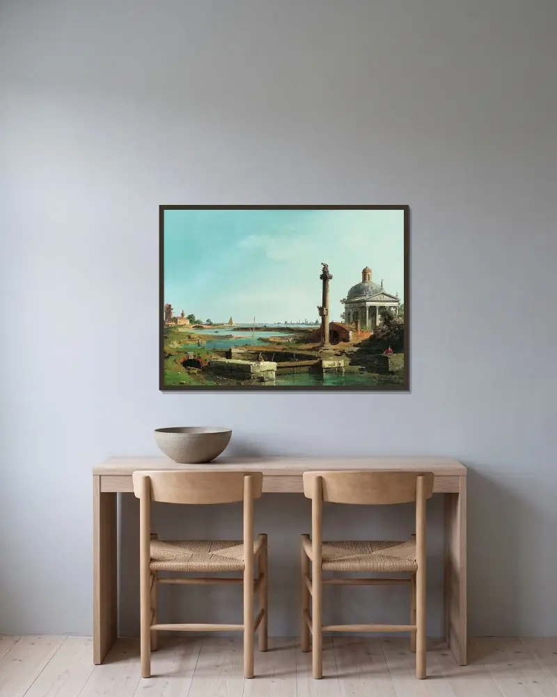 Ett slussverk, en kolonn och en kyrka vid en lagun av Canaletto inramad på en vägg