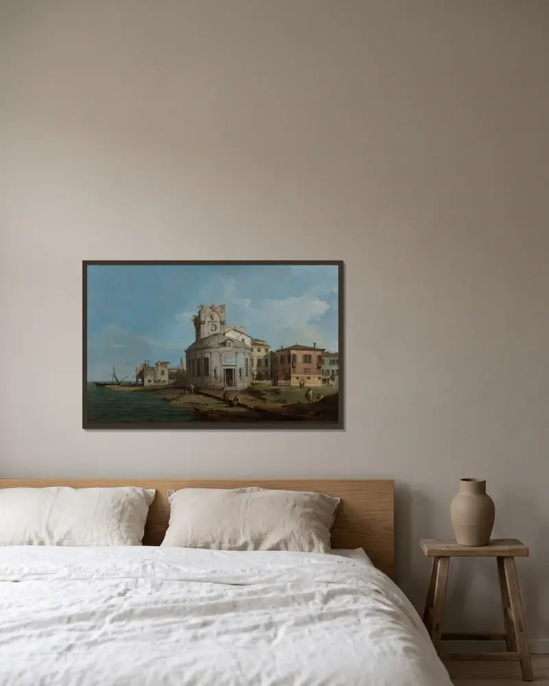 Venezianisches Capriccio mit einer ovalen Kirche an der Lagune von Canaletto gerahmt an einer Wand