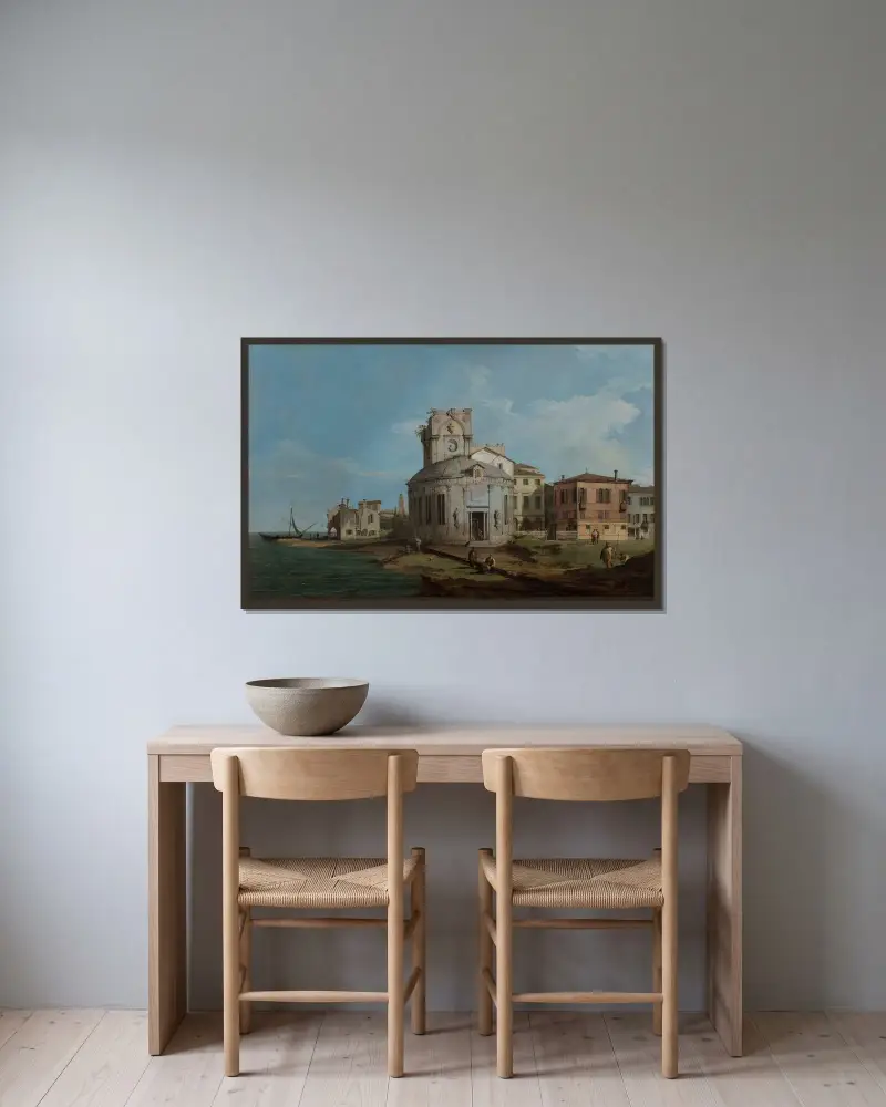Venezianisches Capriccio mit einer ovalen Kirche an der Lagune von Canaletto gerahmt an einer Wand