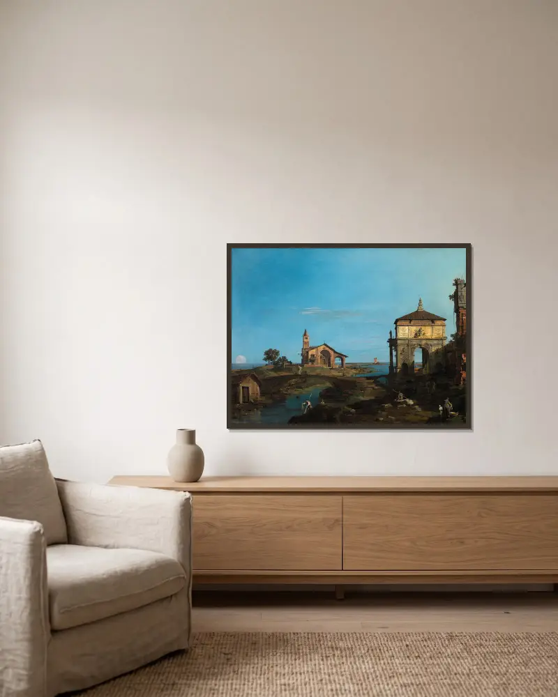 En ö i lagunen med en port och en kyrka av Canaletto inramad på en vägg