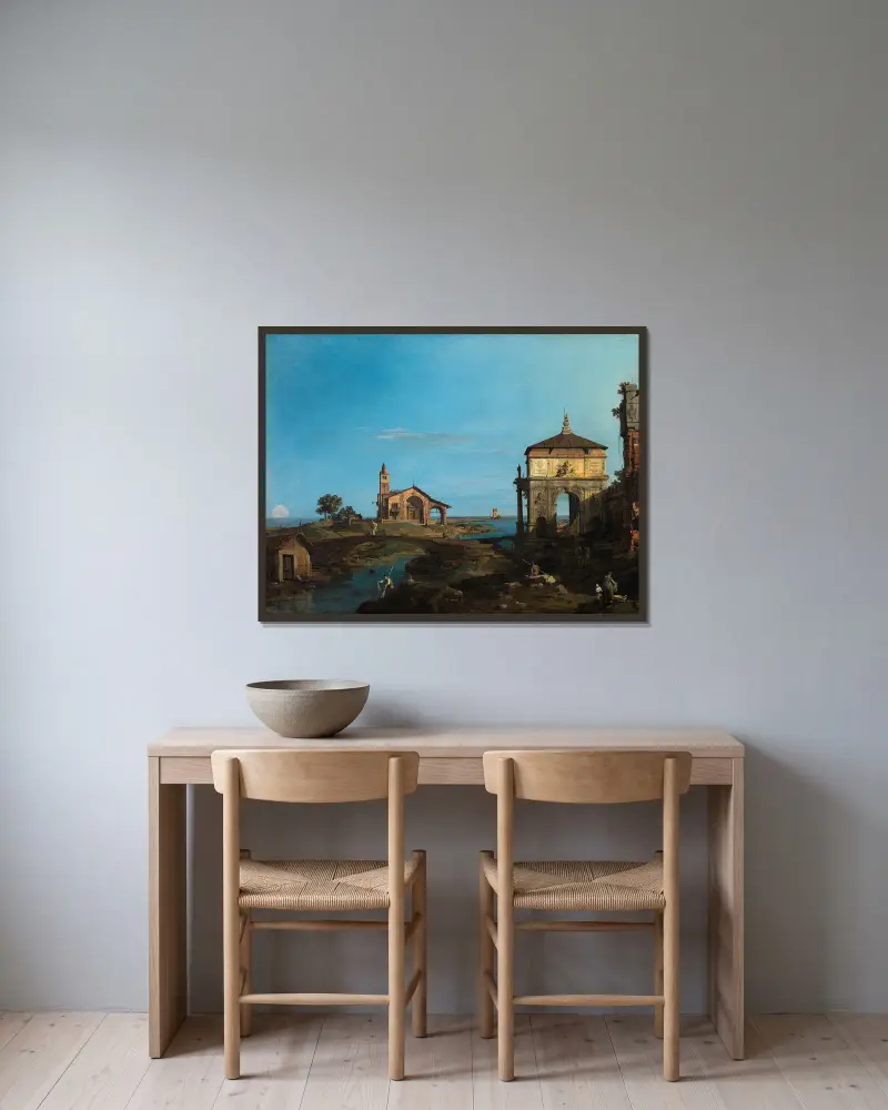 En ö i lagunen med en port och en kyrka av Canaletto inramad på en vägg