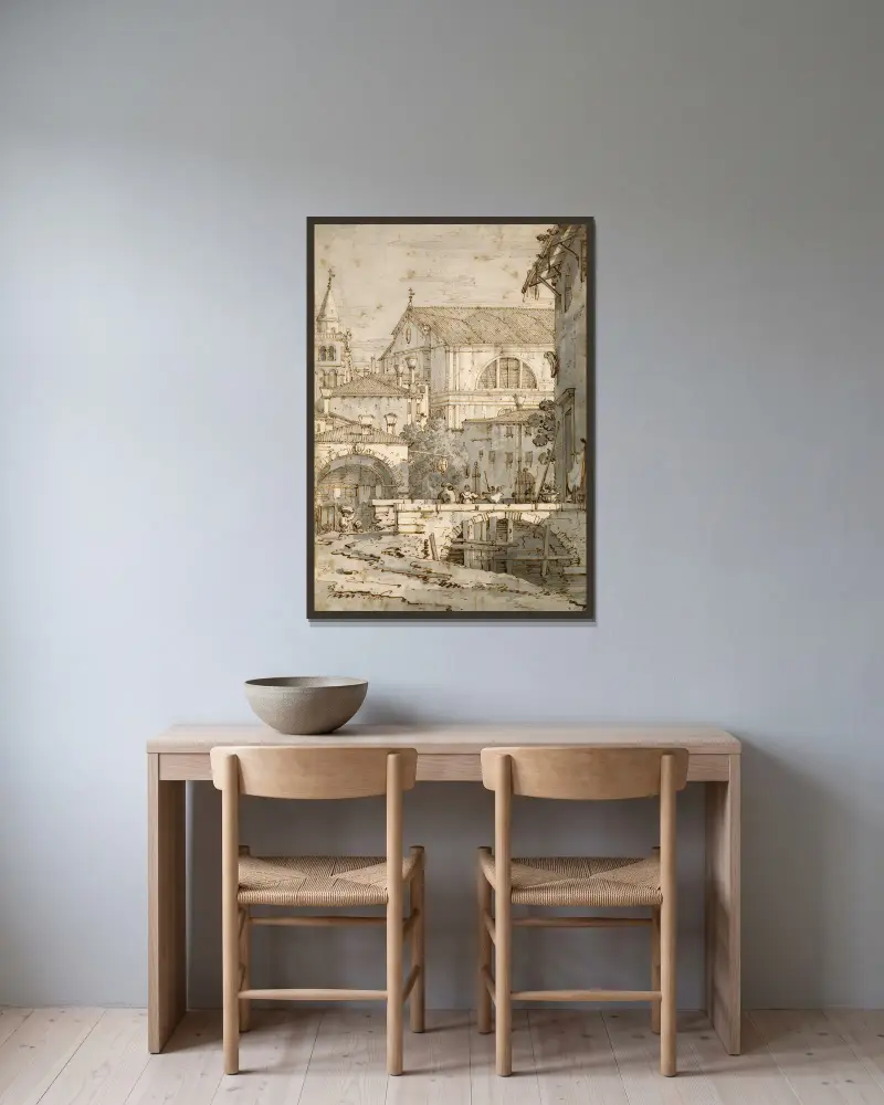 Architectural Capriccio av Canaletto inramad på en vägg