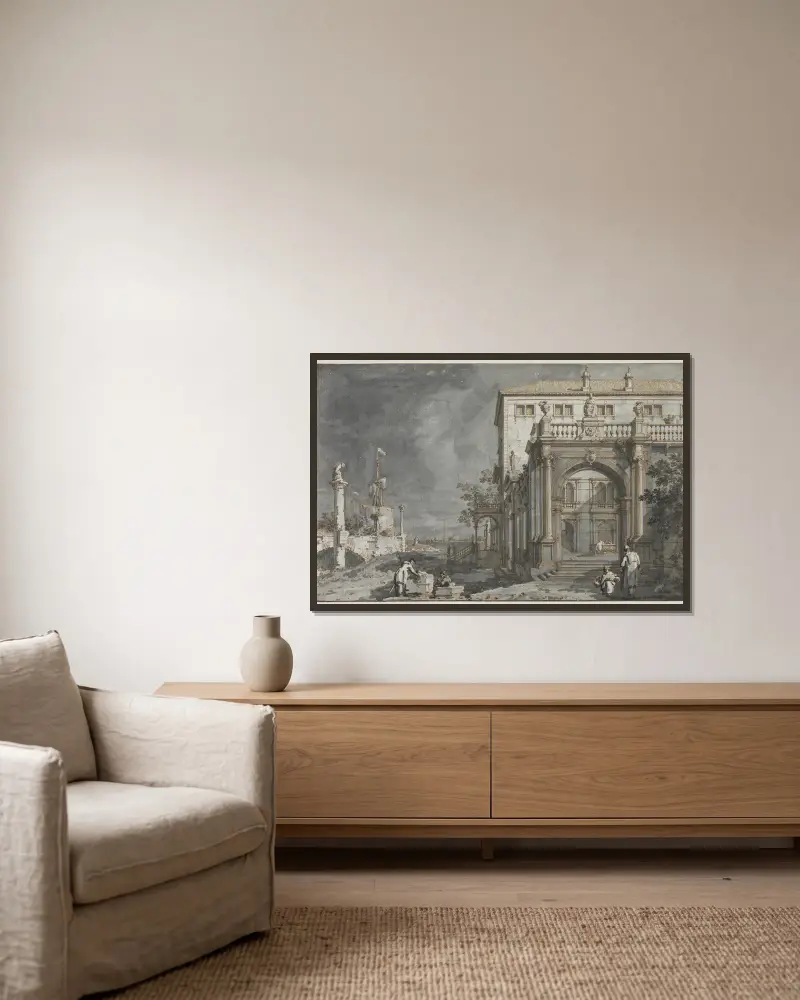 Capriccio; Ett palats med innergård vid lagunen av Canaletto inramad på en vägg